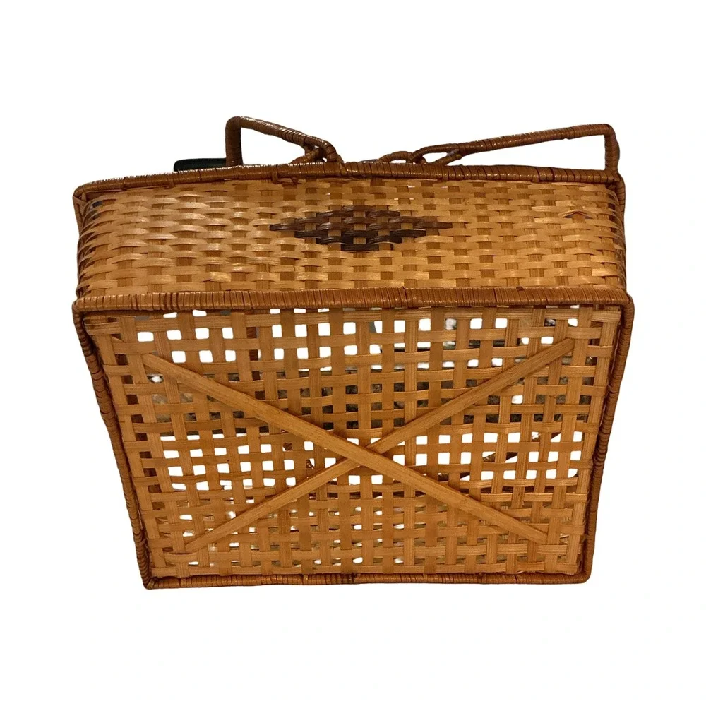 Vintage Woven Wood Splint Picnic Basket Dual Swing Handles Brown Diamond 12x9x4